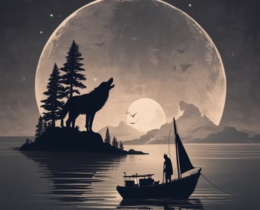 A lone gray wolf howling at a large full moon in a snowy mountain landscape illustration.