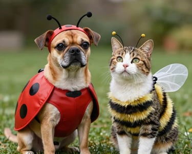 un perro disfrazado de mariquita y un gato disfrazado de abeja