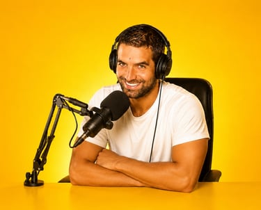 A smiling male podcast host with headphones and a professional microphone against a bright yellow background.
