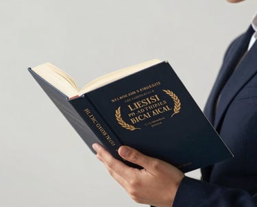 A focused shot of a person reading a classic financial book in a brightly lit, minimal library with Dark Navy and Soft Cloud accents.