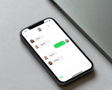 A close-up of a smartphone screen showing a professional chat interface with a green notification dot, resting on a Soft Cloud surface next to a Muted Sage notebook.