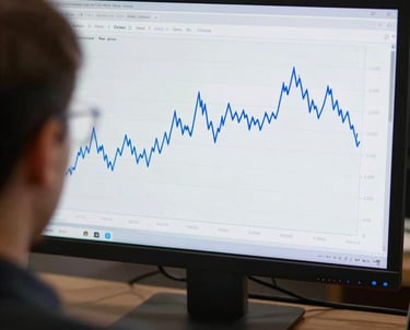 An over-the-shoulder shot of a person analyzing a clean, minimal stock chart with a Steel Blue line on a high-resolution desktop monitor.