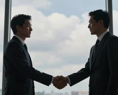 A professional setting where two business people are shaking hands in front of a large window, silhouettes against a Soft Cloud sky, symbolizing trust.