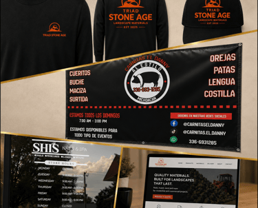 Business branding showcase featuring custom work shirts, storefront window vinyl, printed banner, and website design. Spanish