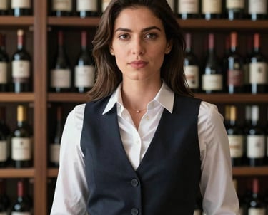 Portrait of a professional woman in a sophisticated dark vest, standing in front of a wine cellar, elegant and professional, South American context.