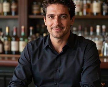 Portrait of a professional man in an elegant dark shirt, smiling subtly in a refined bar setting, soft lighting, South American context.