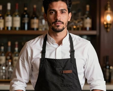 Portrait of a man in a professional bartender uniform (apron and shirt), looking focused and refined, in a sophisticated bar environment, South American context.