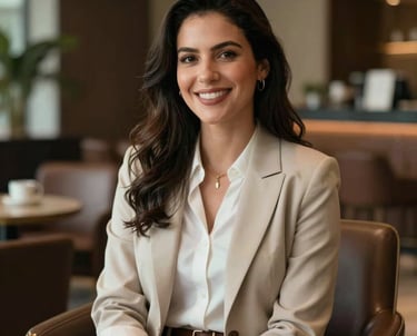 Portrait of a professional woman with a welcoming expression, dressed in business casual attire in a luxury lounge, South American context.