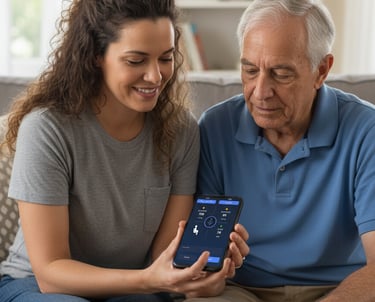 family caregiver helping a veteran to use the Vet mHealth app