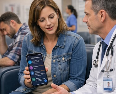 caregiver showing Vet mHealth app to doctor in ER