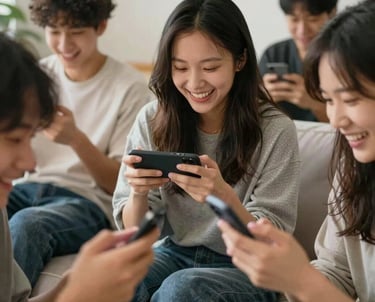 A cozy, vibrant workspace filled with game sketches, colorful monitors, and a small team collaborating enthusiastically.