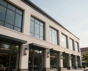 A low-angle exterior shot of a distinguished, modern community center in a North American metropolitan area. The architecture features clean lines and large windows, reflecting light in a professional and inspiring manner.