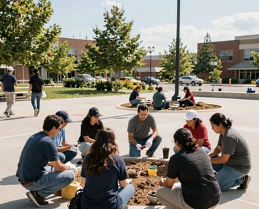 A wide shot of a group of North American citizens collaborating on a community infrastructure project in a bright, sunlit public square. The atmosphere is inspiring and displays a sense of shared purpose.