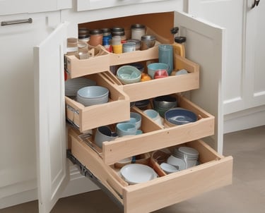 A wooden desk organizer with clean, elegant lines sitting on a desk, bathed in soft natural light.