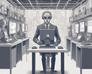 A creative workspace with AI technology visuals and a team collaborating enthusiastically.