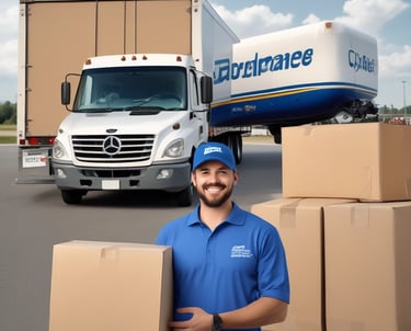 A delivery truck speeding along a highway under a clear blue sky.