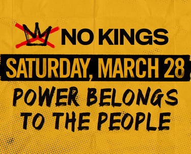 No Kings event poster for March 28 featuring a crossed-out crown and the slogan power belongs to the people.