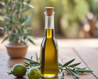 Close-up of olive oil bottle with digital blockchain data overlay.
