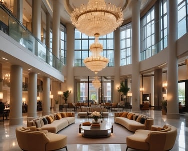 Elegant hotel lobby with gold and black accents reflecting Monaco’s luxury.
