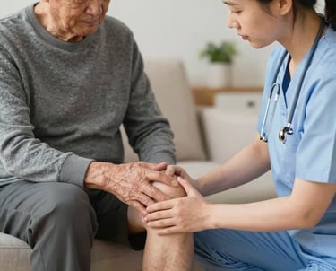 A physiotherapist guiding a patient through post-surgery leg stretches in a bright, home setting.