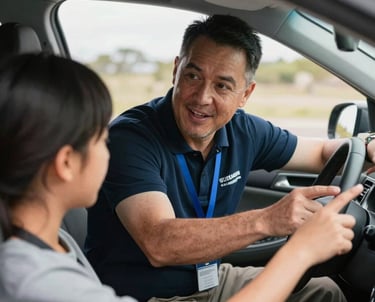 A friendly driving instructor guiding a student in a dual-control car on a sunny day.