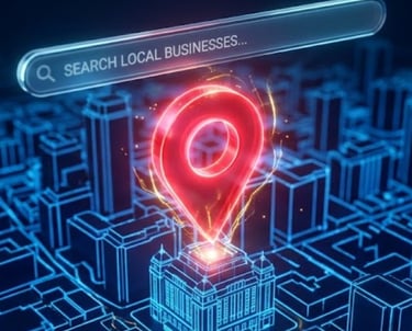 Digital Boost - Trinidad - red map pin on a digital 3D city grid with a local business search bar.