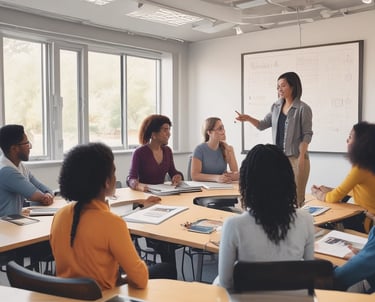 Woman in green dress presenting with projector screen projection screen.