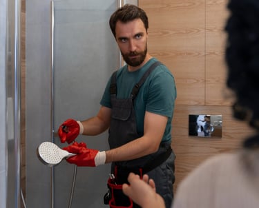 Gloved hand holding shower head, experienced shower technicians