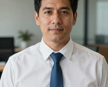 Portrait of a Latin American male consultant in a white shirt and steel blue tie, looking confident and approachable in a modern office.