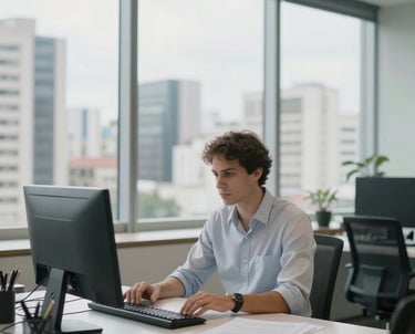 Wide shot of a professional at a desk in a bright São Paulo office building, with blurred city views. Professional, clean, and modern.