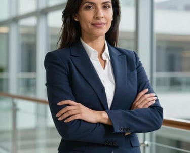 A portrait of a South American female executive in a professional navy blue suit, standing in a brightly lit glass atrium, conveying trust and expertise.