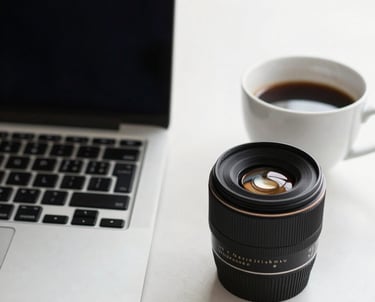 A close-up of a professional desk with a laptop and a cup of coffee, clean and organized with soft lighting in a Latin American professional context.