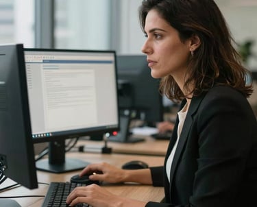 A professional woman working at a desk with two monitors in a modern São Paulo office, soft natural lighting, authoritative yet calm mood.