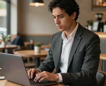 South American professional sitting in a clean, modern cafe in Medellín, working on a laptop. Atmosphere of focused productivity and modern business.