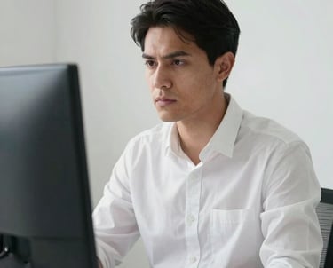 A focused professional in a minimalist white office environment, looking at a screen with a serious, expert expression. South American setting.