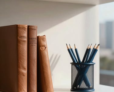 Clean minimalist office shelf with leather-bound books and professional steel blue stationary, soft morning light in a Latin American business district.