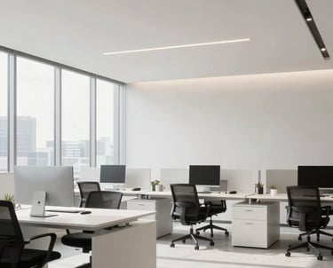 Modern office interior in Santiago with minimalist furniture and high ceilings. Soft daylight and a professional, calm atmosphere in pearl white.