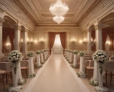 A romantic outdoor wedding setup with pastel floral decorations under soft natural light.