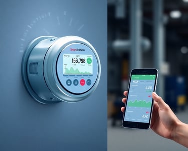 Рука, держащая смартфон перед настенным IoT счетчиком электроэнергии