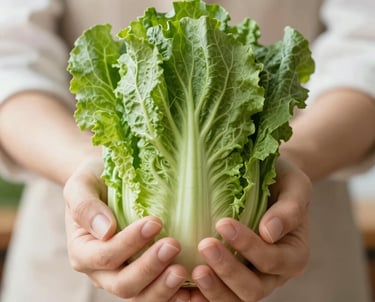 Close-up of hands holding a fresh, vibrant green vegetable, symbolizing sustainability and food autonomy, high-key lighting, soft and feminine style.