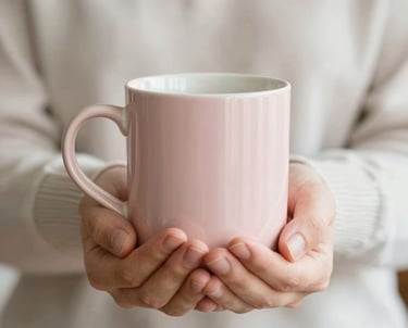 A pair of hands cupping a warm ceramic mug in a gesture of comfort and welcome, soft lighting, incorporating #E4C8CB and #F8F5EF tones.