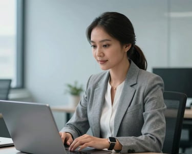 Portrait of an Indonesian female IT professional in business attire, working on a sleek laptop in a bright blue-grey office. Confidence and technical expertise reflected in lighting.