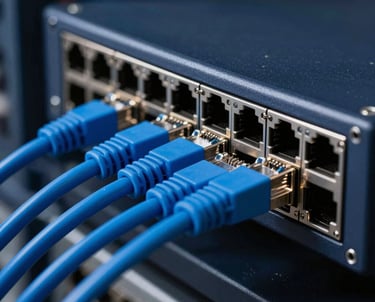 Close-up of a high-tech network switch with bright blue ethernet cables. Dark navy technical background, sharp focus, professional IT environment.