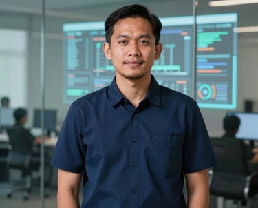 Portrait of a Southeast Asian / Indonesian male developer, standing in front of a glass wall with digital projections. Professional navy blue attire, tech-focused setting.