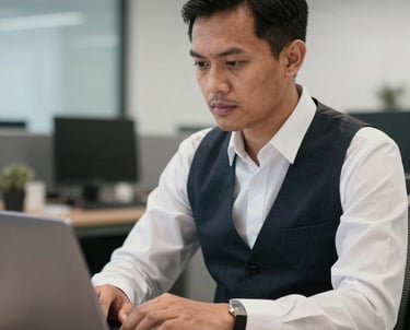Close-up portrait of a Southeast Asian / Indonesian male in a white dress shirt and dark vest, working on a clean laptop with a professional expression. Modern tech office background.