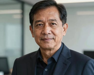 Close-up portrait of a senior Southeast Asian / Indonesian IT executive in a dark navy tailored blazer, looking confident in a professional modern office setting. Sharp focus, natural lighting.