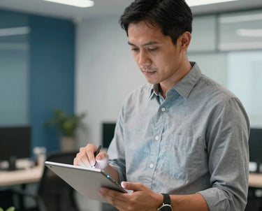 Professional Indonesian man in business casual attire presenting a digital strategy on a tablet. Modern office background with blue-grey and white elements.