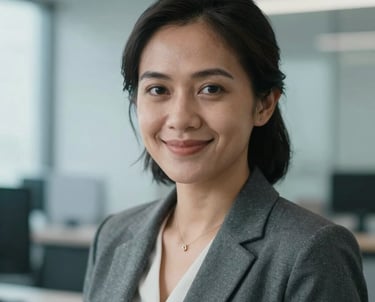 Close-up portrait of a professional Indonesian woman, a software architect, in a modern office with light blue-grey tones. Looking forward with a confident smile.
