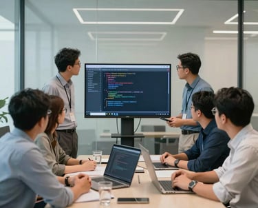 A group of professional Southeast Asian / Indonesian software engineers in a bright, modern glass-walled meeting room, discussing code on a screen. Sophisticated off-white and blue-grey interior.