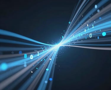 Macro photography of an encrypted data stream represented by light trails in blue and grey against a dark background. Symbolizing cybersecurity and data flow.